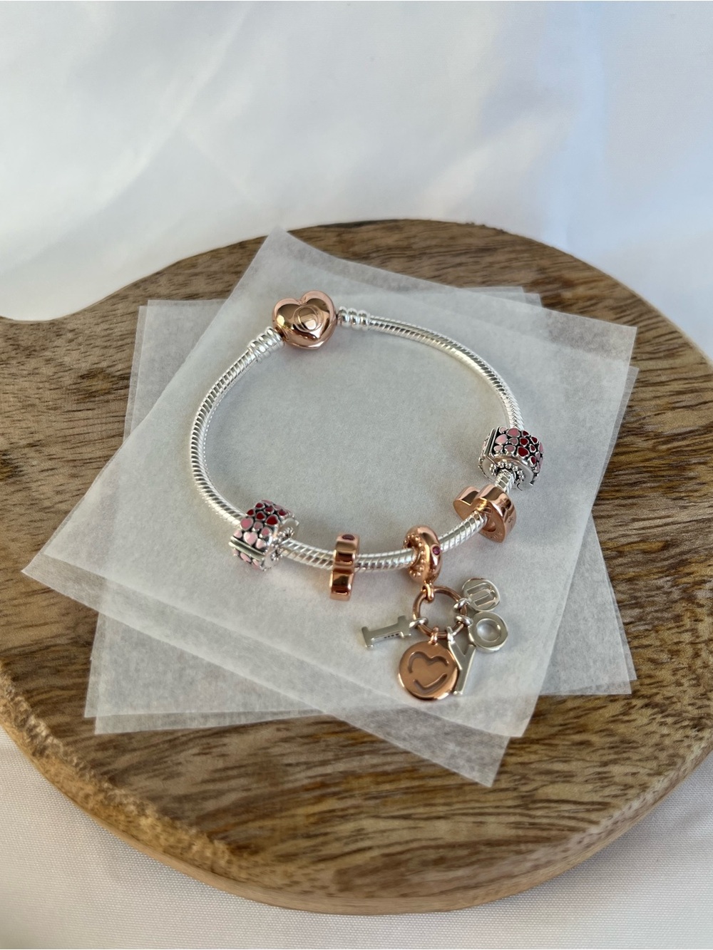 Pandora Styled Sterling Silver/Rose Gold Bracelet & Charms